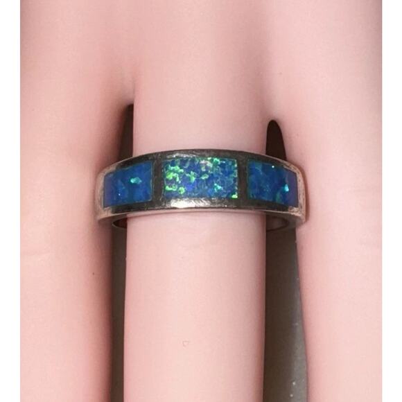 Opal Inlay Ring 925 Sterling Silver – Unisex Band Ring, Size 8 - Picture 3 of 7